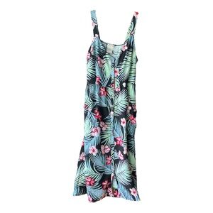 dress Hawaiian print tropical midi button down pockets sleeveless size L